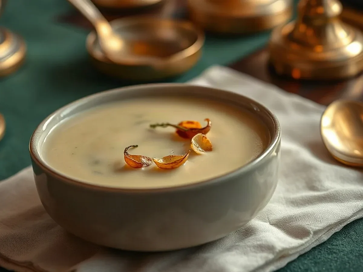 Leek and chervil soup with crisped shallots in pale stoneware.