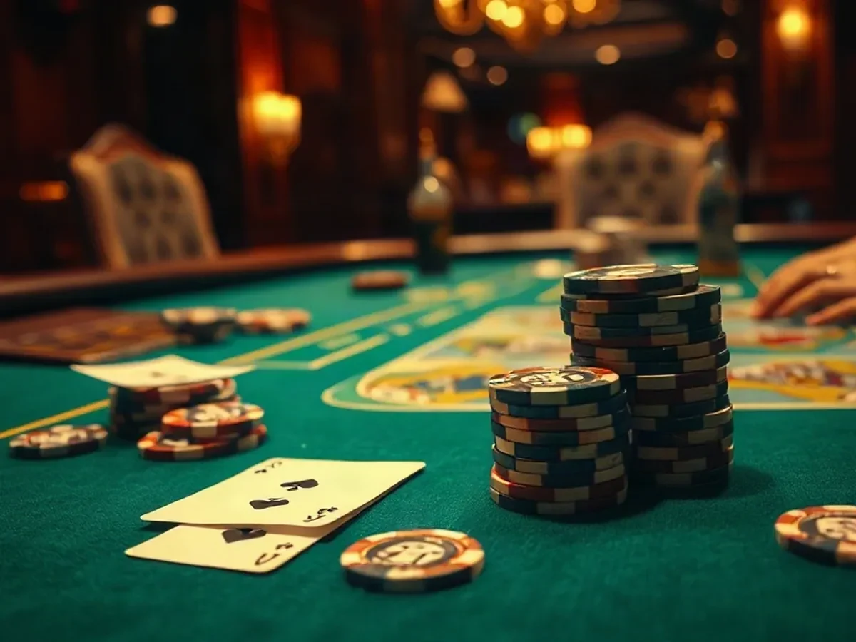 Green felt, playing cards and standard casino chips under amber light.