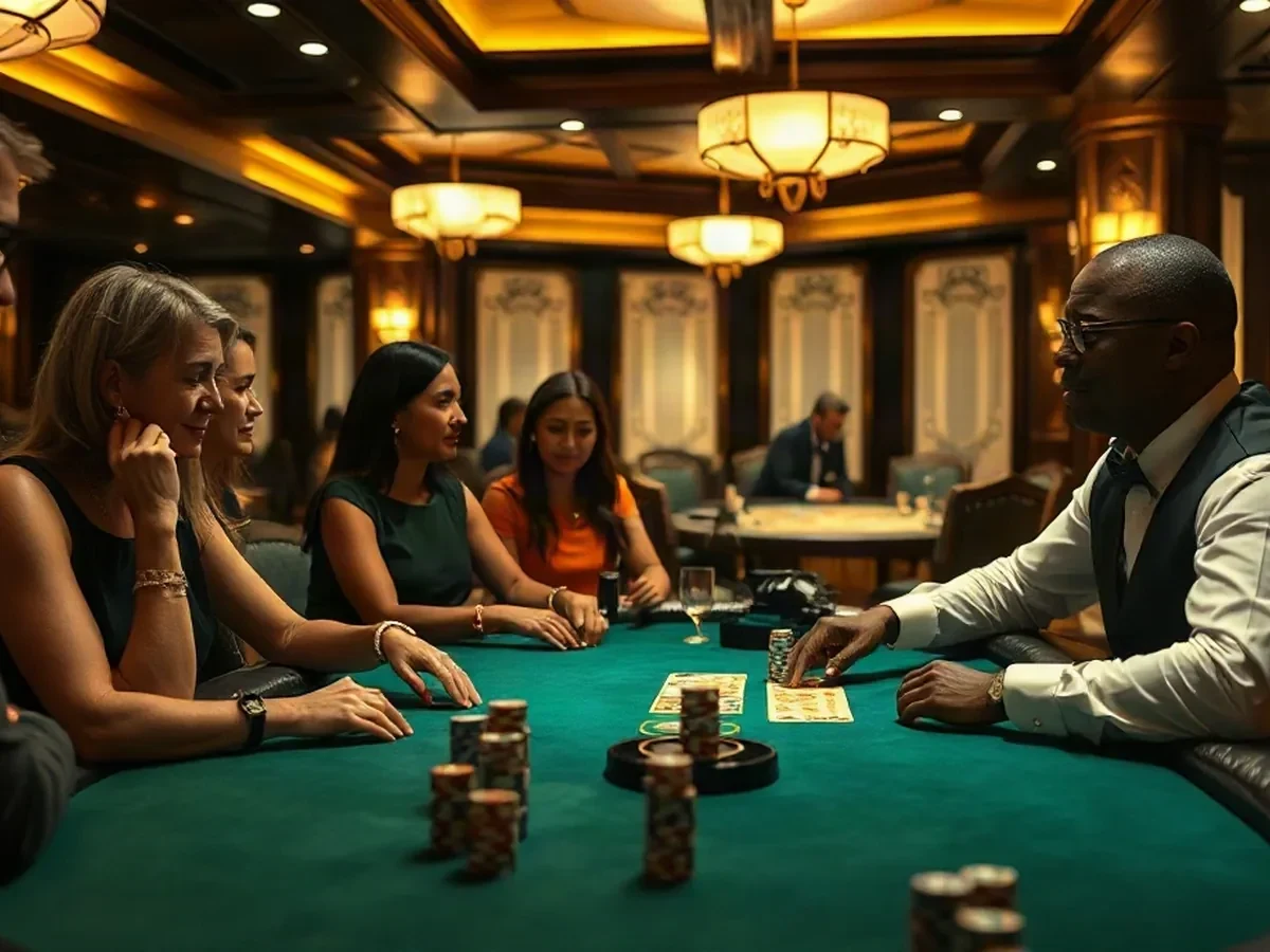 Adult players and a dealer around green felt in warm light.