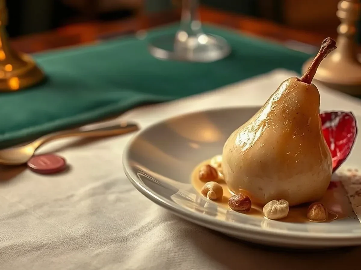 Poached pear with crème fraîche and toasted hazelnuts on pale stoneware.