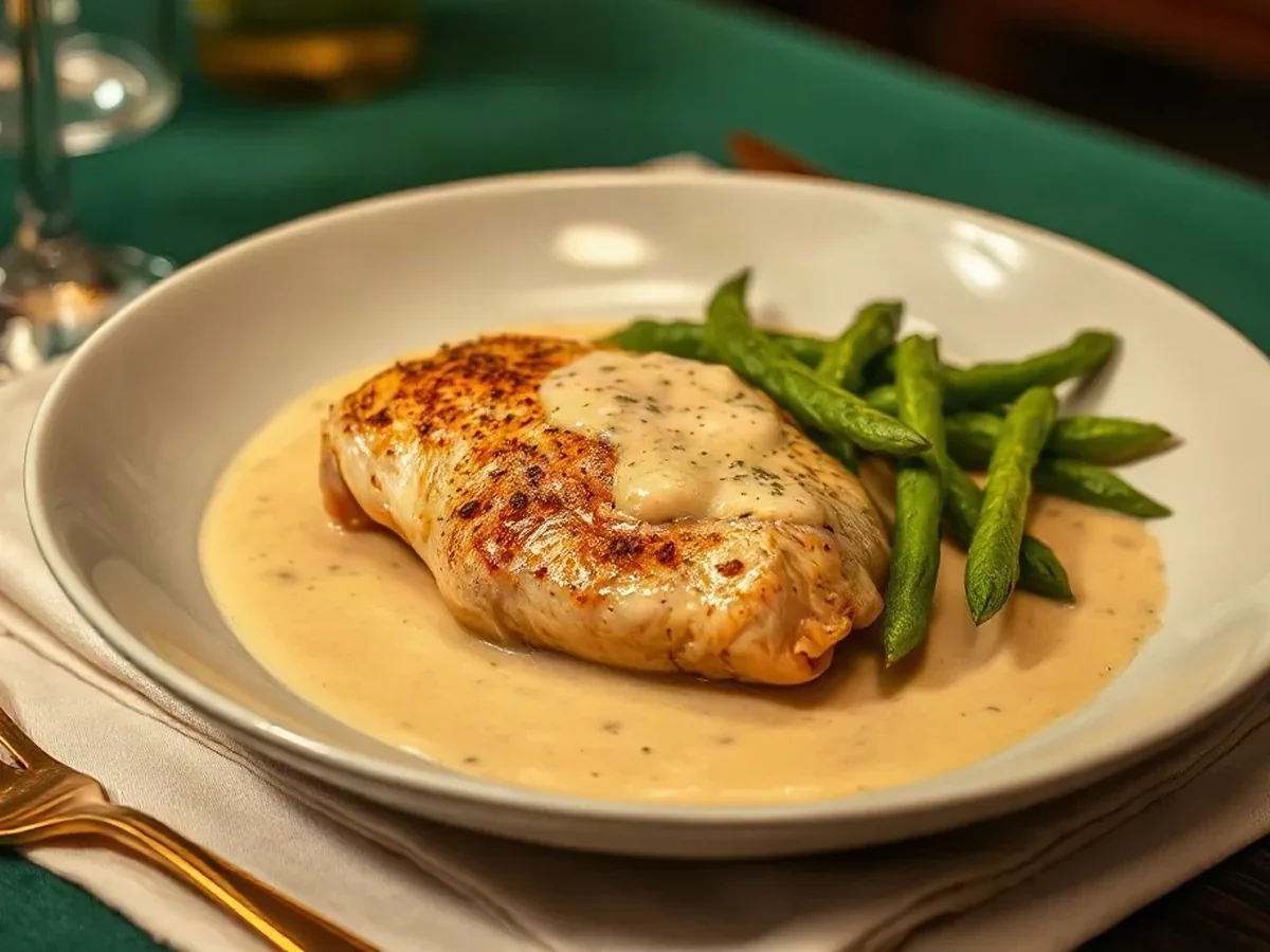Roast chicken with white wine, tarragon and spring peas on pale stoneware.