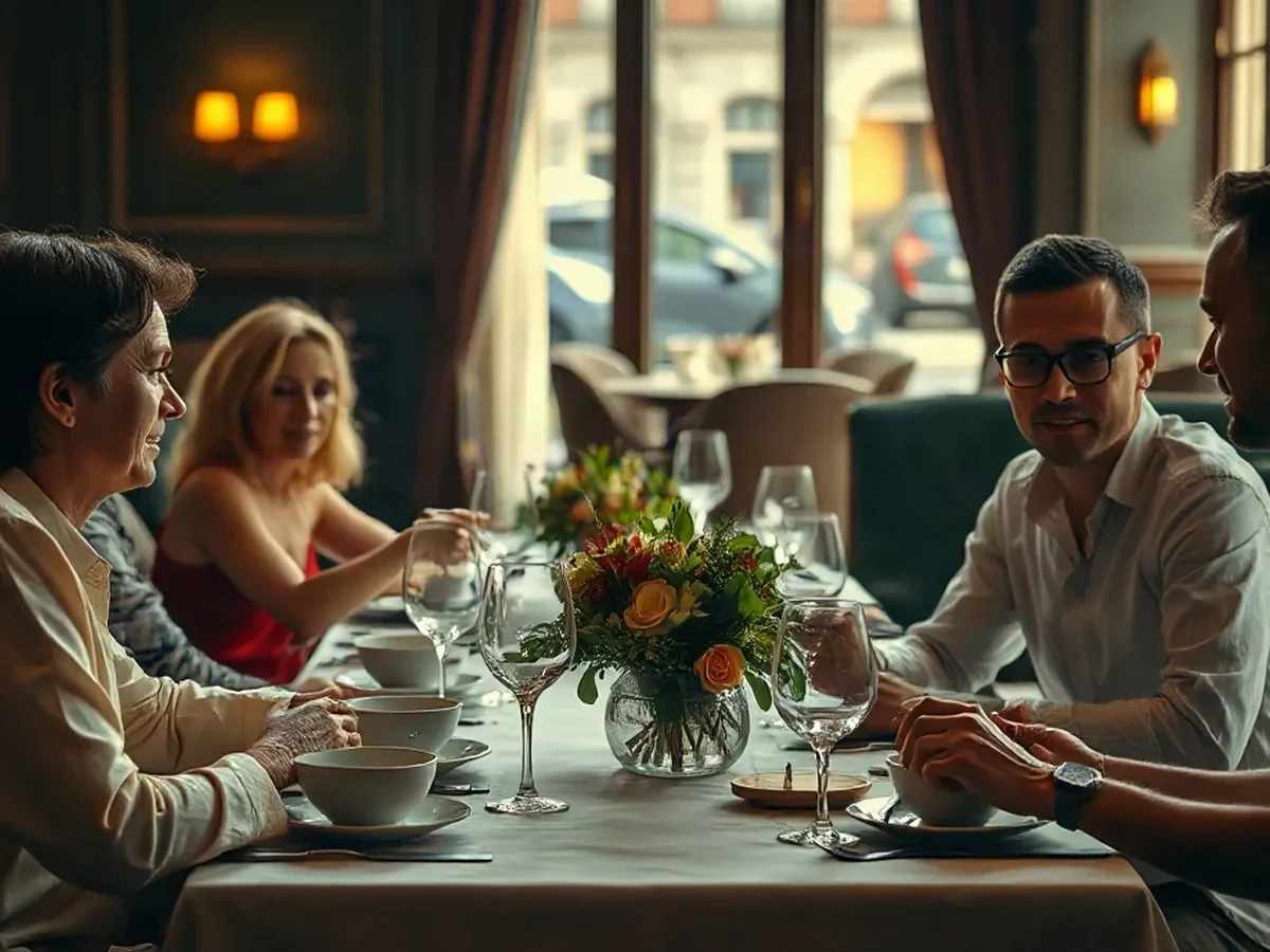 Adult diners share a meal at a cream linen table in amber light.